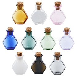 10Pcs 10 Colors Hexagon Dollhouse Miniature Glass Cork Bottles Ornament, Glass Empty Wishing Bottles for Doll House Decoration, Mixed Color, 30mm, 1pc/color(AJEW-CA0003-49)