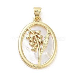 Rack Plating Brass Pave Shell Pendants, Oval with Flower Charms, Long-Lasting Plated, Lead Free & Cadmium Free, Real 18K Gold Plated, 25x17.5x3mm, Hole: 5x3.5mm(KK-Z064-28G-06)