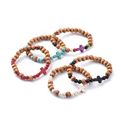 Stretch Bracelets, with Wood Beads and Synthetic Turquoise(Dyed) Beads, Cross, Mixed Color, 2-1/8 inch(5.5cm)(BJEW-JB04620)
