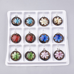 Handmade Gold Sand Lampwork Pendants, Inner Flower, Flat Round, Mixed Color, 45~47x35~36x15~16mm, Hole: 8mm, Box Size: 20x19.5x1.3cm, about 12pcs/box(LAMP-S189-15-B)