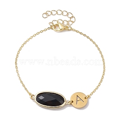 Natural Black Onyx(Dyed & Heated) Faceted Oval Link Bracelets, Stainless Steel Hollow Letter A Brass Cable Chain Bracelets for Women, Golden, 7-3/4 inch(19.7cm)(BJEW-JB10263-01)