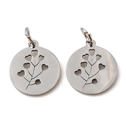 304 Stainless Steel Charms, Laser Cut, with Jump Ring, Stainless Steel Color, Hollow, Flat Round Charm, Branch, 13.5x12x1mm, Hole: 3.6mm(STAS-D050-07P-11)
