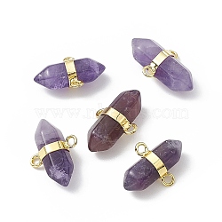 Natural Amethyst Double Terminal Pointed Connector Charms, Faceted Bullet Links, with Rack Plating Gloden Tone Brass Findings, Cadmium Free & Lead Free, 19x15.5x9mm, Hole: 2mm(G-P491-11G-04)