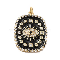 Rack Plating Brass Pave Cubic Zirconia Enamel Pendants, with Jump Ring, Lead Free & Cadmium Free, Real 18K Gold Plated, Long-Lasting Plated, Rectangle with Eye Pattern Charm, Black, 26x20x2.5mm, Hole: 3.4mm(KK-O142-57G-01)