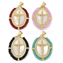 Rack Plating Brass Pave Shell Religion Jesus Cross Pendants, Oval Charms with Glass, Real 18K Gold Plated, Long-Lasting Plated, Lead Free & Cadmium Free, Mixed Color, 32x24x3mm, Hole: 4mm(KK-U032-01G-B)