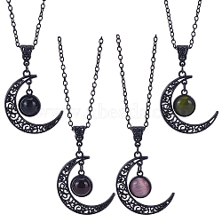 ANATTASOUL 4Pcs 4 Colors Glass Flat Round & Alloy Moon Pendant Necklaces Set, Mixed Color, 21.06 inch(53.5cm), 1Pc/color(NJEW-AN0001-55)