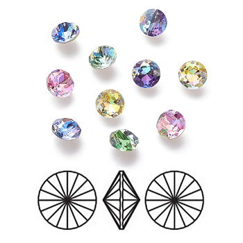 K9 Glass Rhinestone Cabochons, Shiny Laser Style, Imitation Austrian Crystal, Pointed Back & Back Plated, Faceted, Flat Round, Back Plated