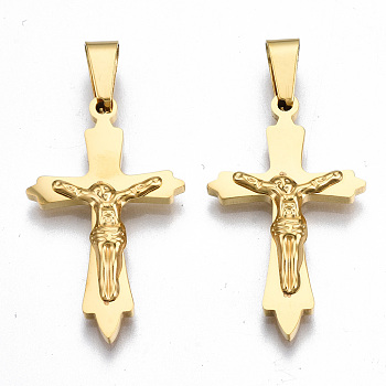 201 Stainless Steel Pendants, Crucifix Cross, for Easter, Real 18K Gold Plated, 30x18x3mm, Hole: 3x8mm