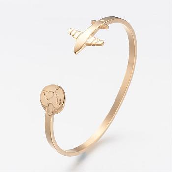 304 Stainless Steel Cuff Bangles, Travel Theme, Airplane and Earth, Golden, Inner Diameter: 2-1/2 inch(6.3cm)