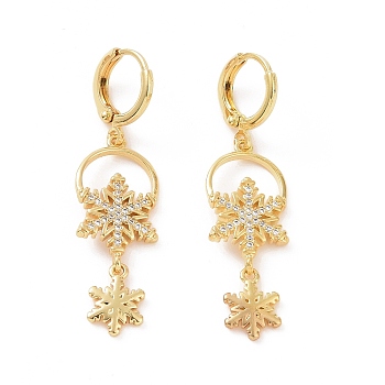 Clear Cubic Zirconia Snowflake Dangle Hoop Earrings, Brass Jewelry for Women, Golden, 45mm, Pin: 0.8mm