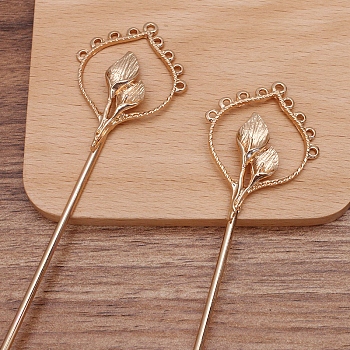 Iron Hair Stick Findings, with Alloy Flower and Loops, Light Gold, 156x36x6mm