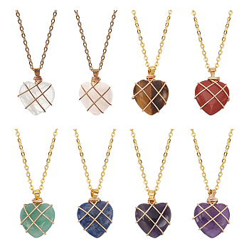 8Pcs 8 Style Natural Mixed Gemstone Heart Pendant Necklaces Set, Golden Alloy Jewelry for Women, 19.49~19.65 inch(49.5~49.9cm), 1Pc/style