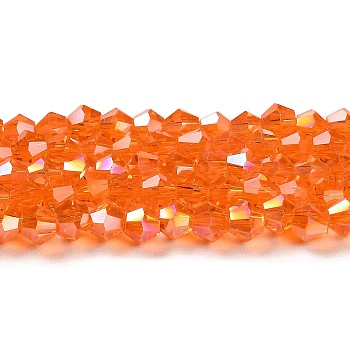 Transparent Electroplate Glass Beads Strands, AB Color Plated, Faceted, Bicone, Orange, 3.5mm, about 108~123pcs/strand, 12.76~14.61 inch(32.4~37.1cm)