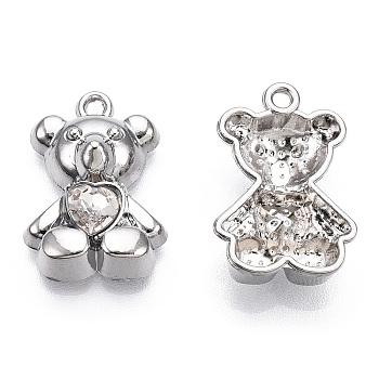 Alloy Pendants, with Glass, Bear with Heart Charm, Cadmium Free & Nickel Free & Lead Free, Platinum, 20.5x14x5.5mm, Hole: 1.6mm