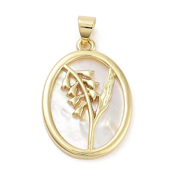 Rack Plating Brass Pave Shell Pendants, Oval with Flower Charms, Long-Lasting Plated, Lead Free & Cadmium Free, Real 18K Gold Plated, 25x17.5x3mm, Hole: 5x3.5mm