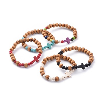 Stretch Bracelets, with Wood Beads and Synthetic Turquoise(Dyed) Beads, Cross, Mixed Color, 2-1/8 inch(5.5cm)