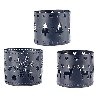 Iron Hollow Candle Holder, for Christmas, Perfect Home Party Decoration, Column with Christmas Tree & Snowflake & Christmas Reindeer/Stag, Gunmetal, 60x50mm, 3pcs/set