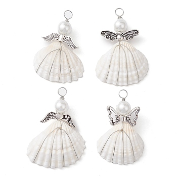 4Pcs 4 Styles Copper Wire Wrapped Shell Pendants, Angel Charms with Glass Pearl Beads & Alloy Wings, Antique Silver & Platinum, 40~43.5x25.5~32x9.5~12mm, Hole: 4.2mm, 1pc/style