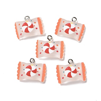 Christmas Theme Transparent Resin Pendants, with Platinum Tone Iron Loops, Candy Bag Charm with Lollipop Pattern, Coral, 17x20.5x5mm, Hole: 2mm