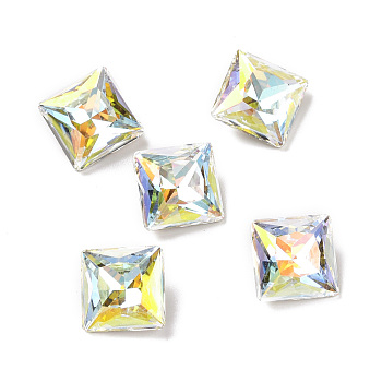 Light AB Style Glass Cabochons, Pointed Back & Back Plated, Faceted, Square, Light Crystal AB, 10x10x5.2mm