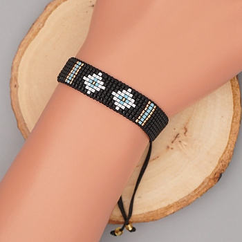 Miyuki Seed Braided Bead Bracelet, Rhombus with Evil Eye Friendship Bracelet for Women, Black, 11 inch(28cm)