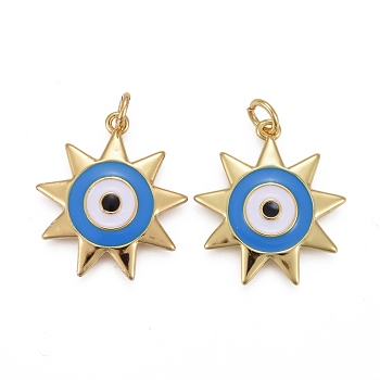 Brass Enamel Pendants, with Jump Rings, Long-Lasting Plated, Star with Sky Blue Evil Eye, Real 18K Gold Plated, 22x20x3mm, Hole: 3mm