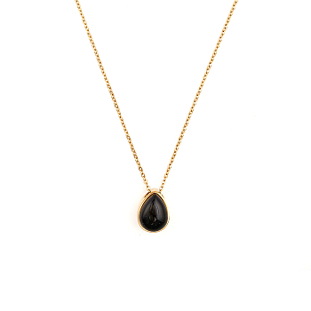 Natural Black Agate Teardrop Urn Ashes Pendant Necklace, Golden Stainless Steel Memorial Jewelry for Women, 19.69 inch(50cm)