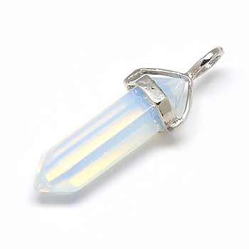 Faceted Bullet Opalite Double Terminated Pointed Pendants, with Random Platinum Plated Alloy Pendant Hexagon Bead Cap Bails, Platinum, 36~45x10mm, Hole: 3mm