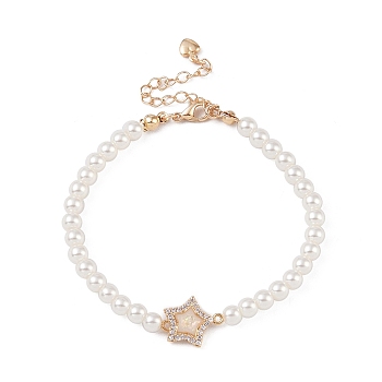 Brass Pave Clear Cubic Zirconia Star Link Chain Bracelets, Round Imitation Pearl Beaded Bracelets for Women, White, 7-1/8 inch(18.2cm)