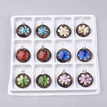 Handmade Gold Sand Lampwork Pendants, Inner Flower, Flat Round, Mixed Color, 45~47x35~36x15~16mm, Hole: 8mm, Box Size: 20x19.5x1.3cm, about 12pcs/box