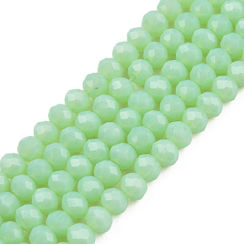Opaque Solid Color Glass Beads Strands, Faceted, Rondelle, Pale Green, 4x3mm, Hole: 0.4mm, about 123~127pcs/strand, 16.5~16.9 inch(42~43cm)