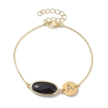 Natural Black Onyx(Dyed & Heated) Faceted Oval Link Bracelets, Titanium Steel Hollow Letter A Brass Cable Chain Bracelets for Women, Golden, 7-3/4 inch(19.7cm)
