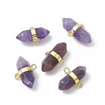 Natural Amethyst Double Terminal Pointed Connector Charms, Faceted Bullet Links, with Rack Plating Gloden Tone Brass Findings, Cadmium Free & Lead Free, 19x15.5x9mm, Hole: 2mm