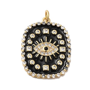 Rack Plating Brass Pave Cubic Zirconia Enamel Pendants, with Jump Ring, Lead Free & Cadmium Free, Real 18K Gold Plated, Long-Lasting Plated, Rectangle with Eye Pattern Charm, Black, 26x20x2.5mm, Hole: 3.4mm