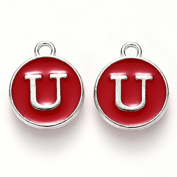 Platinum Plated Alloy Enamel Charms, Cadmium Free & Lead Free, Enamelled Sequins, Flat Round with Letter, Letter.U, 14x12x2mm, Hole: 1.5mm