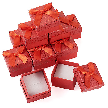 Bowknot Cardboard Paper Ring Gift Storage Boxes, with White Sponge Inside, Square, Red, 5.05x5.05x3.8cm