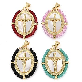 Rack Plating Brass Pave Shell Religion Jesus Cross Pendants, Oval Charms with Glass, Real 18K Gold Plated, Long-Lasting Plated, Lead Free & Cadmium Free, Mixed Color, 32x24x3mm, Hole: 4mm