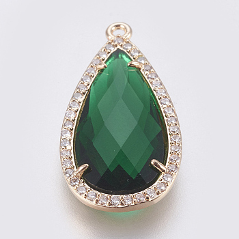 Brass Glass Pendants, with Cubic Zirconia, Faceted, teardrop, Light Gold, Green, 27.5x14x4mm, Hole: 1.2mm