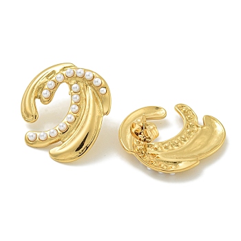 Ion Plating(IP) 304 Stainless Steel & ABS Plastic Pearl Stud Earrings, Polished, Spindrift, Golden, 24x23mm