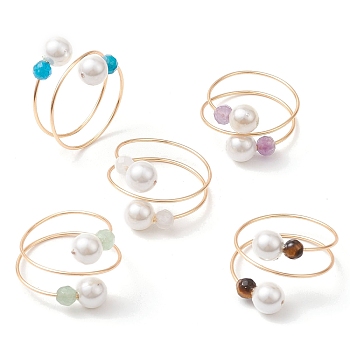 Round Shell Pearl & Natural Black Onyx & Moonstone & Green Aventurine & Apatite & Amethyst Finger Rings, Copper Wire Wrapped Cuff Rings for Women, Inner Diameter: 19mm
