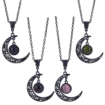 4Pcs 4 Colors Glass Flat Round & Alloy Moon Pendant Necklaces Set, Mixed Color, 21.06 inch(53.5cm), 1Pc/color