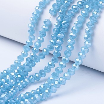 Electroplate Glass Beads Strands, Imitation Jade Beads, Pearl Luster Plated, Faceted, Rondelle, Light Sky Blue, 8x5mm, Hole: 0.5mm, about 63~65pcs/strand, 39~40cm