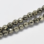 Natural Pyrite Round Beads Strands, Faceted, Grade A, 4mm, Hole: 1mm, about 100pcs/strand, 14.96~15.16 inch(38~38.5cm)(G-F197-09-4mm)