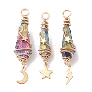 3Pcs 3 Styles Electroplated Natural Quartz Crystal Copper Wire Wrapped Pendants, TearDrop Charms with Golden Tone Alloy Moon & Star & Sun & Lightning Bolt, Colorful, 44.5~48.5x8~10.5x6.5~13mm, Hole: 4mm, about 1pc/style(PALLOY-JF02586-05)