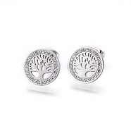 304 Stainless Steel Stud Earrings, with Polymer Clay Rhinestone, Flat Round with Tree of Life, Stainless Steel Color, 14x2mm, Pin: 0.8mm(EJEW-H367-11P)