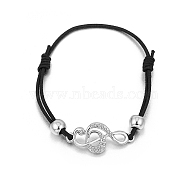 Alloy with Rhinestone Musical Note Link Bracelet, Braided Cords Adjustable Bracelet, Platinum, 7-1/8 inch(18cm)(PW-WG50083-02)