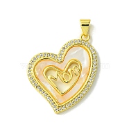 Mother's Day Real 18K Gold Plated Brass Micro Pave Clear Cubic Zirconia Pendants, with Shell, Real 18K Gold Plated, Heart, 26x24.5x3mm, Hole: 3.5x4.5mm(KK-H472-13G-01)