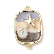 Brass Enamel Rectangle with Starfish Connector Charms, with ABS Imitation Pearl, Real 18K Gold Plated, Lilac, 23x14.5x5mm, Hole: 1.2mm(KK-M308-08G-01)