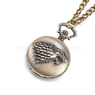 Carved Alloy Flat Round Pendant Necklace Quartz Pocket Watch, with Iron Chains and Lobster Claw Clasps, Antique Bronze, 32.67 inch(83cm)(WACH-P006-05)
