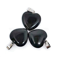 Valentine's Day Natural Obsidian Pendants, Heart Charms with Platinum Plated Metal Snap on Bails, 20mm(PW-WG34610-12)